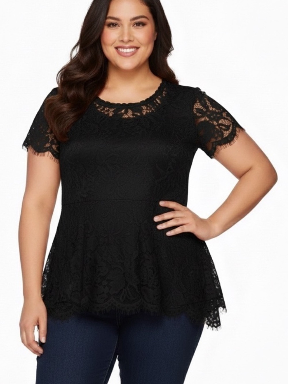 Isaac Mizrahi Live! Black Lace Short Sleeve Peplum Blouse – Size 1X